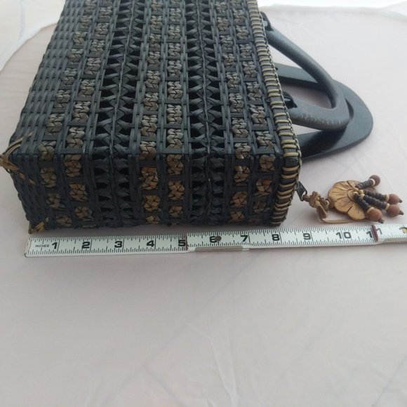 Vintage black woven straw and fabric rectangle box handbag made in Thailand - Picture 10 of 11